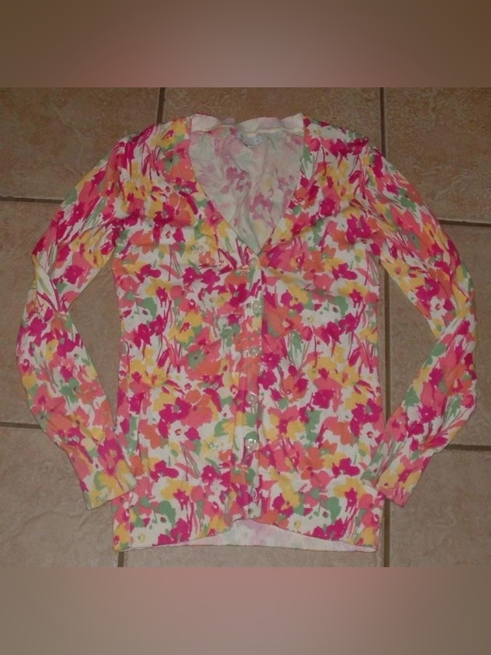 GAP Multicolored Sz M Abstract Floral Stretchy Lightweight Cardigan Sweater V